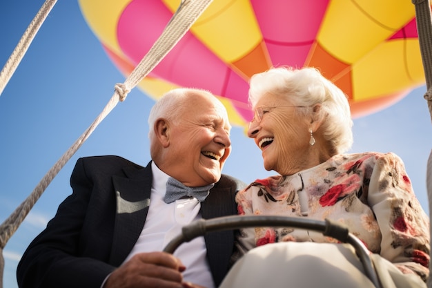 Un couple de seniors se marient dans un ballon à air chaud.