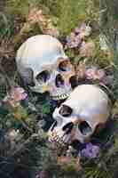 Photo gratuite couple squelette posant avec des fleurs