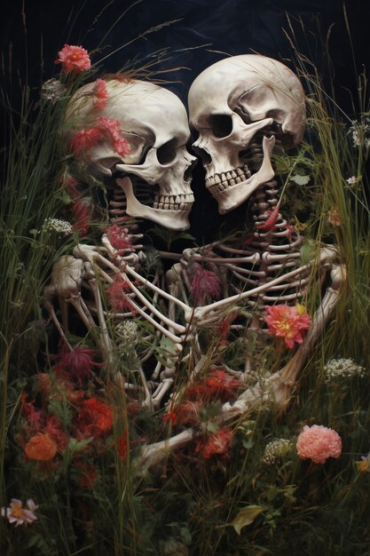 Couple squelette posant avec des fleurs