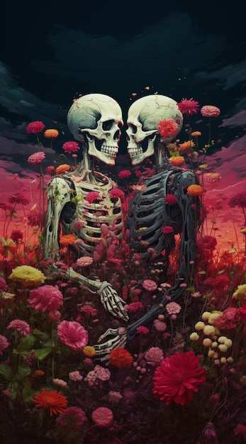 Couple squelette posant avec des fleurs