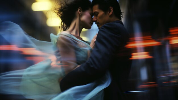 Un couple de taille moyenne est romantique.