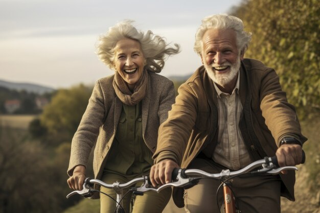 Couples plus âgés faisant du vélo ensemble à l'extérieur