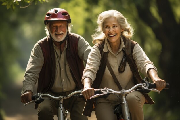 Couples plus âgés faisant du vélo ensemble à l'extérieur