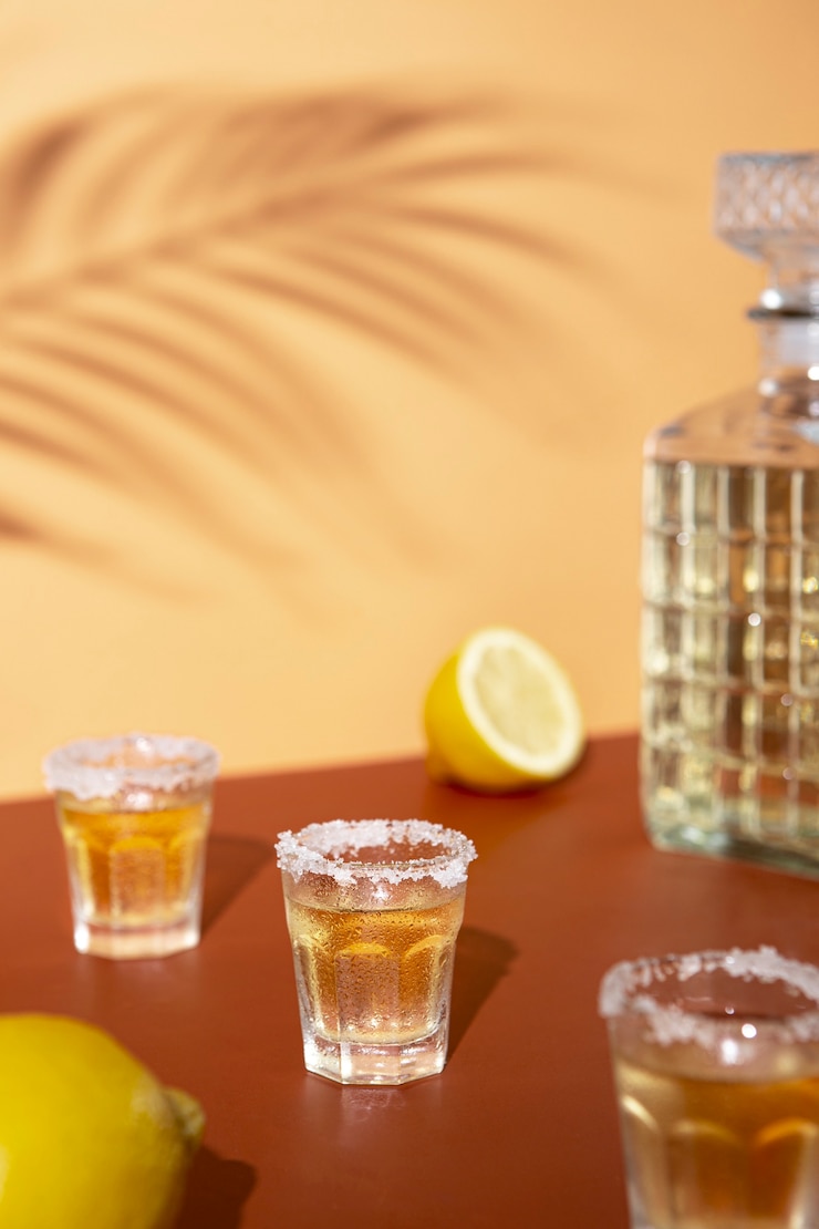 Photo gratuit coups de tequila à angle élevé avec du sel