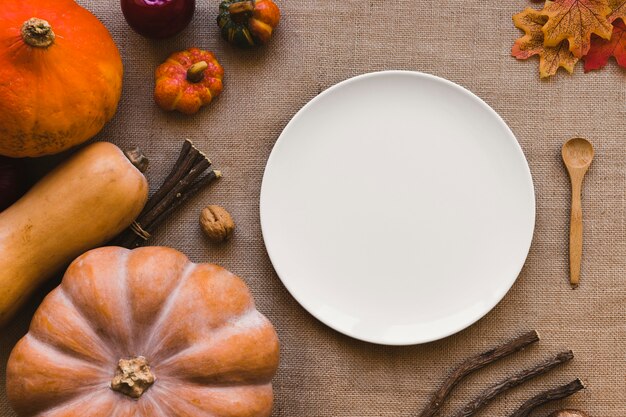 Courges près de la plaque et la cuillère