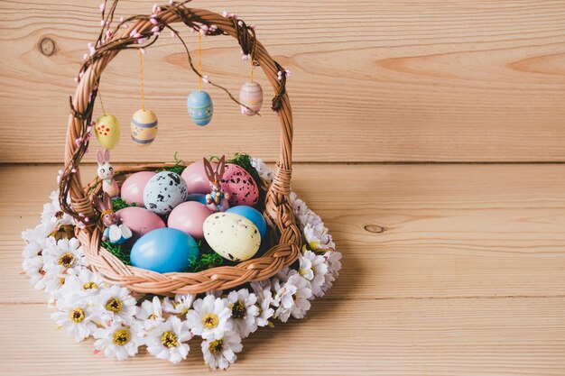 Couronne de fleurs autour de panier avec des oeufs