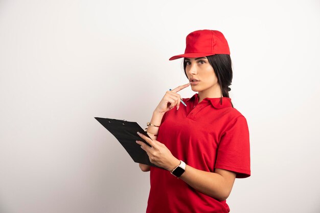 Courrier féminin avec presse-papiers posant sur fond blanc. Photo de haute qualité