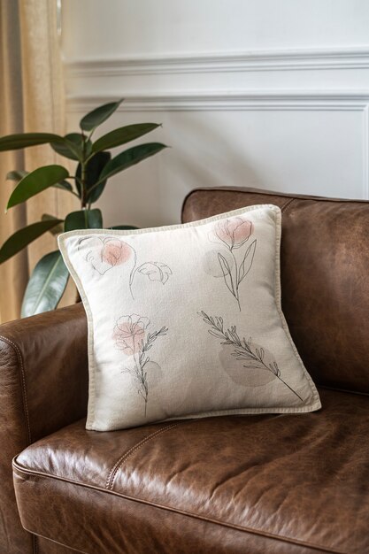 Coussin avec un dessin au trait floral minimal sur un canapé en cuir