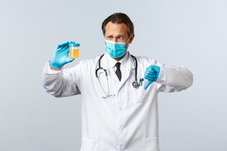 Photo gratuit covid-19, prévention du virus, travailleurs de la santé et concept de vaccination. un médecin déçu portant un masque médical et des gants montre un échantillon d'urine, les pouces vers le bas ont un mauvais résultat de test, fond blanc