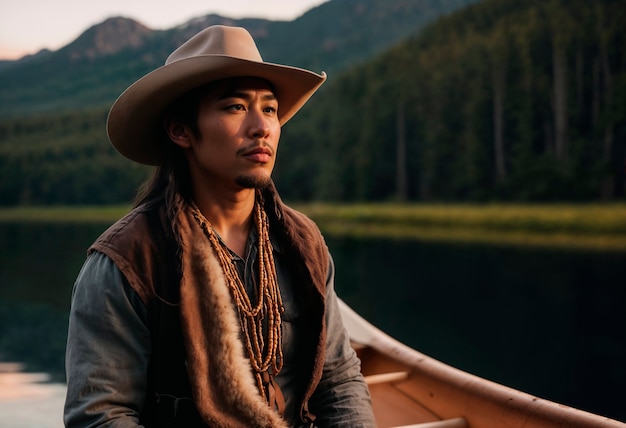 Photo gratuite cow-boy avec un chapeau dans un environnement photoréaliste