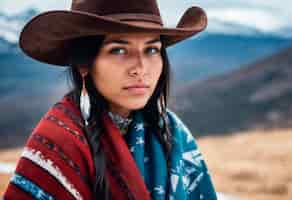 Photo gratuite cowboy portrait in daylight with out of focus landscape background