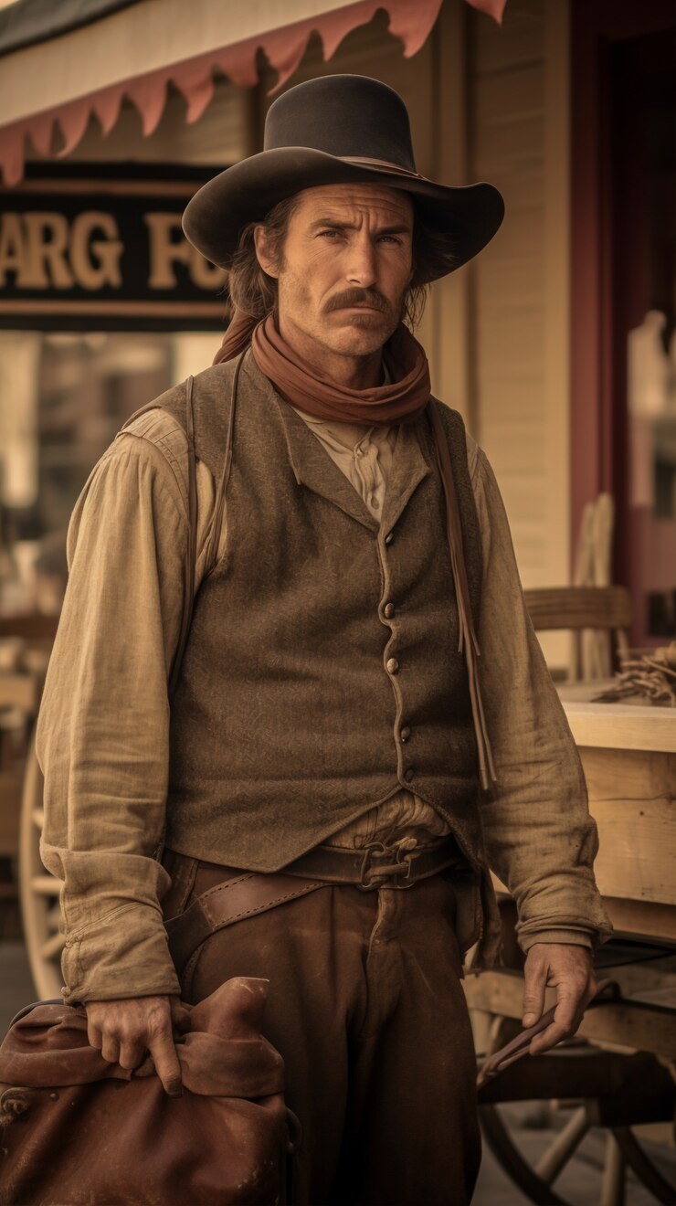 Photo gratuit cowboy va dans la vieille ville de l'ouest