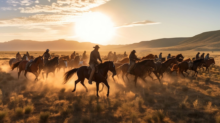 Photo gratuit cowboys allant dans la vieille ville de l'ouest