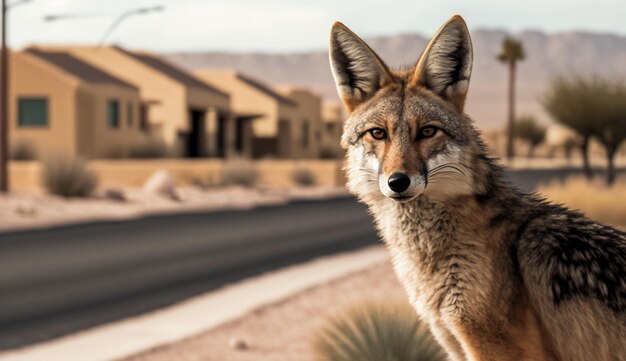 Un coyote se tient sur une route devant une maison.