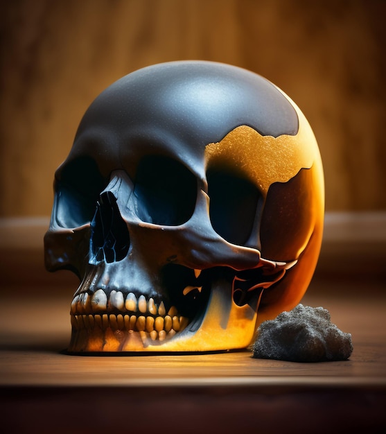 Photo gratuite un crâne avec une base noire et un petit rocher sur le côté.
