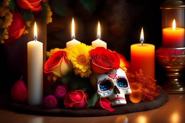 Un crâne et des bougies sont éclairés sur un fond noir.