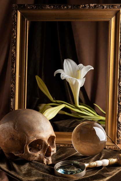 Photo gratuite crâne et composition florale nature morte