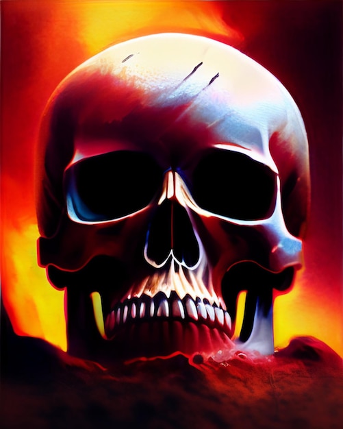 Un crâne avec un crâne rouge dessus se trouve au milieu d'un champ de lave.