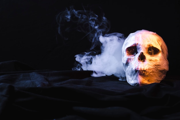 Crâne dans un sac en plastique avec de la fumée