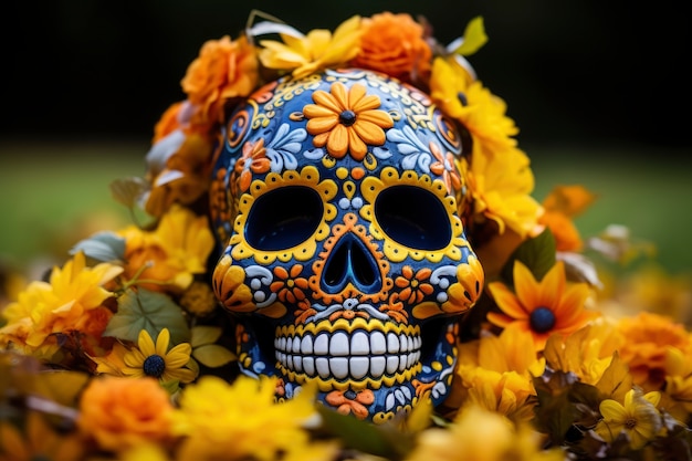 Photo gratuite un crâne mexicain avec de belles fleurs.