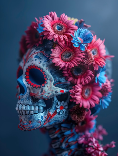 Photo gratuite un crâne mexicain de couleurs vives avec des fleurs