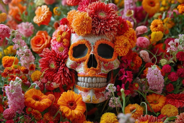 Photo gratuite un crâne mexicain de couleurs vives avec des fleurs