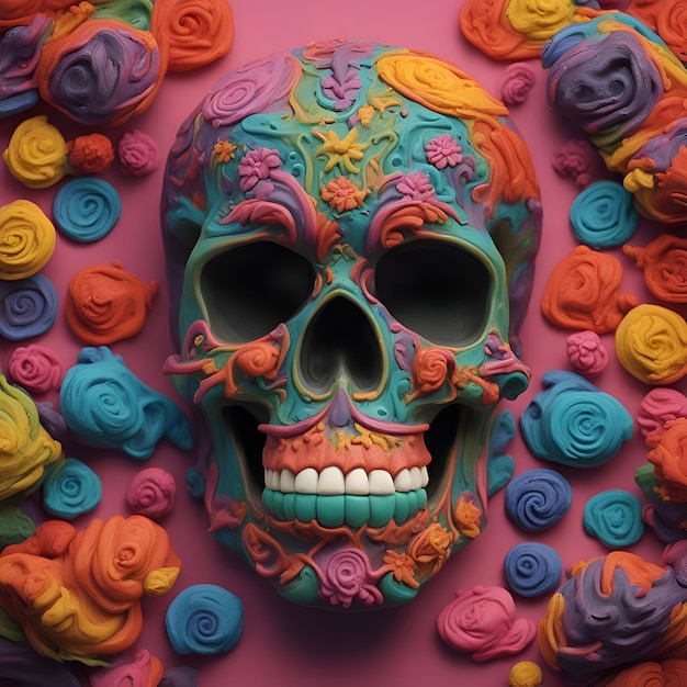 Photo gratuite crâne de sucre mexicain avec fleurs colorées sur fond rose illustration 3d