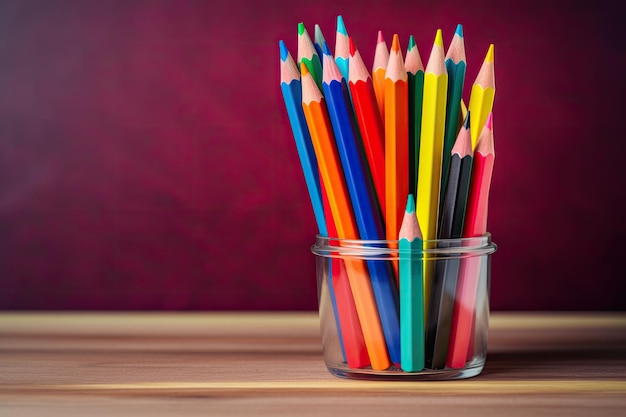 Crayons de couleur pour l'école sur une table en bois avec espace de copie Ai générative