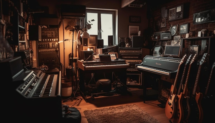 Photo gratuit créativité de musicien de cordes de guitare clé de piano générée par l'ia