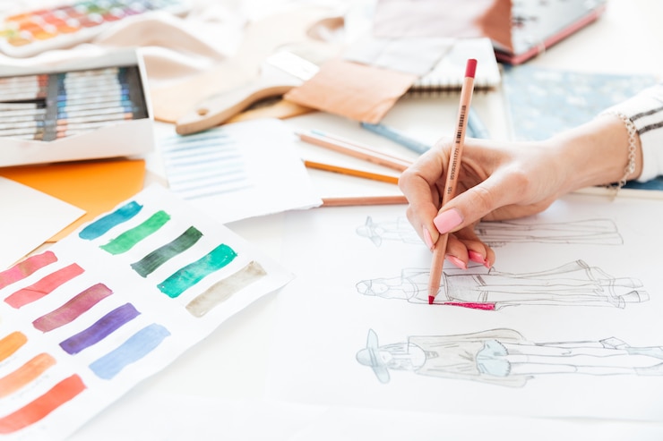Photo gratuit créatrice de mode féminine travaillant sur des croquis avec de la peinture