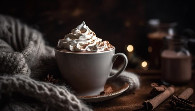 Crème fouettée et chocolat chaud sur le dessus de la guimauve généré par l'IA