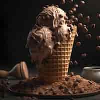 Photo gratuite crème glacée au chocolat dans un cône de gaufres avec des gouttes de chocolat sur un fond sombre