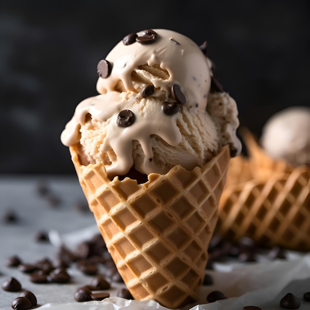 Photo gratuite crème glacée à la vanille et au chocolat dans un cône de gaufres avec des grains de café sur un fond sombre