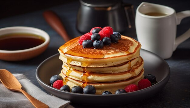 Crêpes aux myrtilles empilées sur une assiette en bois avec du sirop généré par l'IA