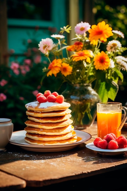 Photo gratuite des crêpes photoréalistes avec des framboises