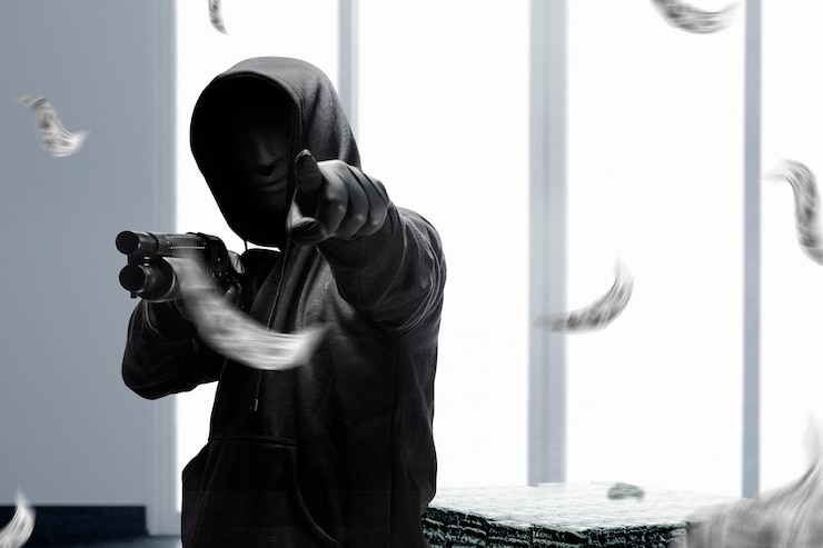 Photo gratuit un criminel dans un masque caché tient le fusil de chasse et pointe quelque chose pendant qu'il vole l'argent à la banque