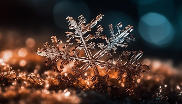 Cristal de glace brillant défocalisé dans un motif abstrait illuminé par des paillettes générées par l'IA