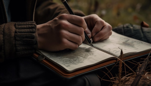 Écriture manuscrite sur la page du livre entourée par la nature générée par l'IA