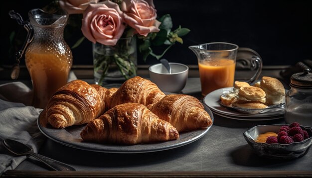 Croissant et café fraîchement cuits sur table IA générative