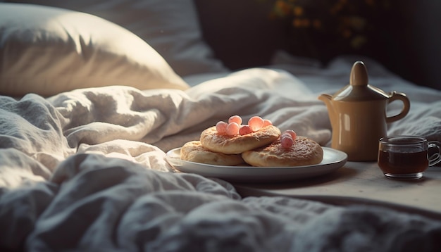 Photo gratuite croissant de lit confortable et café pour le petit déjeuner généré par l'ia