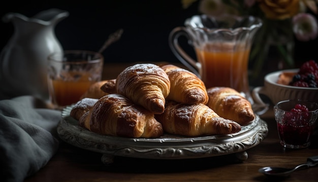 Photo gratuite croissants et café fraîchement cuits au four sur une table rustique ia générative