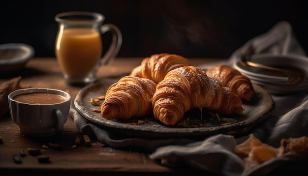 Croissants et café fraîchement cuits sur table générés par l'IA