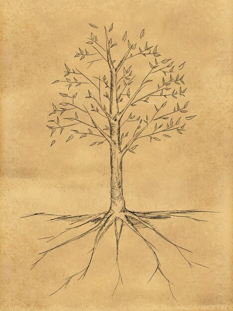 Croquis d&#39;arbre avec des feuilles sur papier