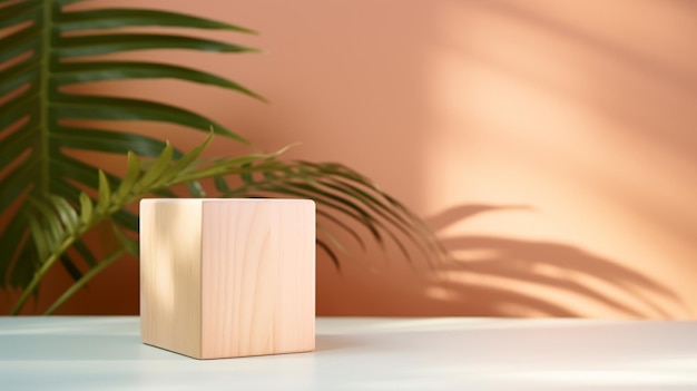 Un cube en bois sur un fond pastel