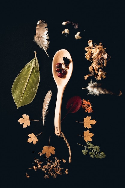 Photo gratuite cuillère en bois avec des feuilles et des plumes sur un tableau noir