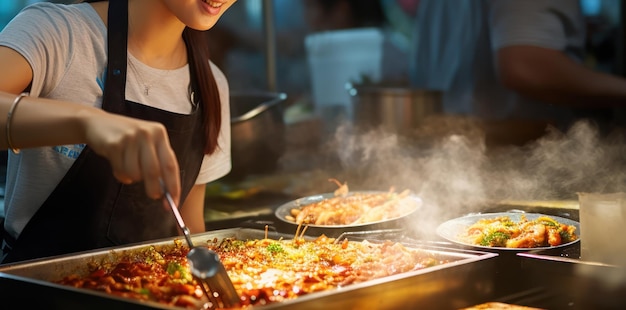 Photo gratuite un cuisinier asiatique habile prépare des repas dans un stand de rue animé.