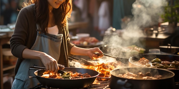 Photo gratuite un cuisinier asiatique prépare habilement de la nourriture dans un stand de street food animé