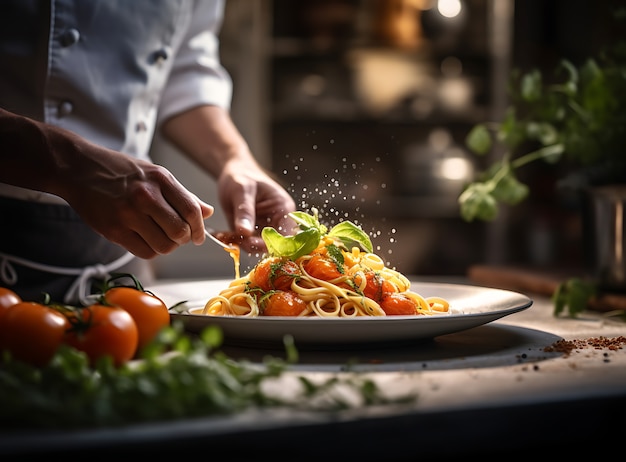 Photo gratuite cuisinier vue de côté faisant de délicieuses pâtes