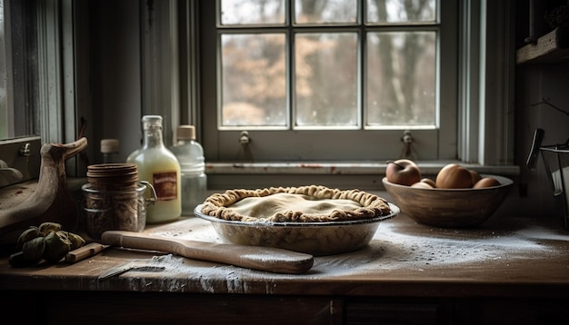 Photo gratuite cuisson de tarte d'automne dans une cuisine domestique rustique générée par l'ia