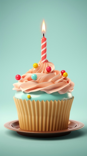 Photo gratuite cupcake d'anniversaire 3d avec bougie allumée sur le dessus